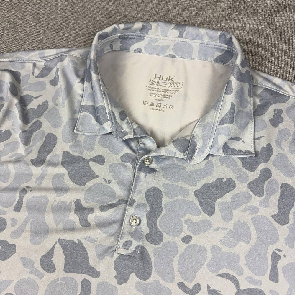 Huk Polo Shirt Mens 3XL Gray Camo Stretch Performance Fishing Short Sleeve